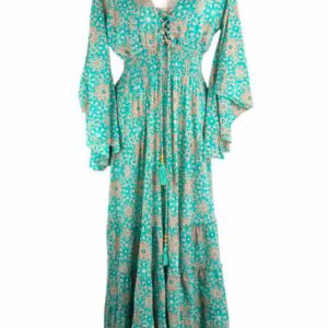 Vestido Largo Bohemio de Algodón con Escote, Mangas Largas y Nudo en la Espalda para Mujer