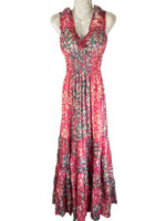 Vestido Largo Artesanal en Seda India con Escote con Volantes y Talla Única para Mujer