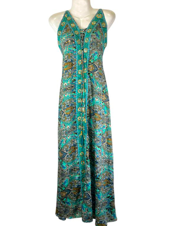 Vestido Multicolor Largo Artesanal para Mujer en Seda India con Cuello en V y Espalda Descubierta