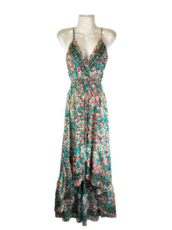 Vestido Largo Ligero y Artesanal en Seda India con Espalda Descubierta y Talla Única de Mujer