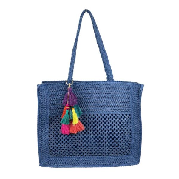 Amplio Bolso de Papel para Mujer con Pompones Decorativos Multicolores y 2 Asas - Imagen 6