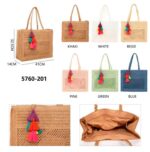 Amplio Bolso de Papel para Mujer con Pompones Decorativos Multicolores y 2 Asas - Imagen 2