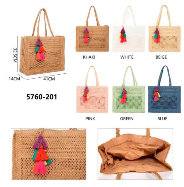 Amplio Bolso de Papel para Mujer con Pompones Decorativos Multicolores y 2 Asas - Imagen 2