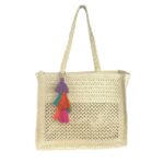 Amplio Bolso de Papel para Mujer con Pompones Decorativos Multicolores y 2 Asas