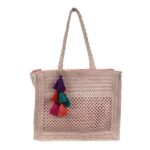 Amplio Bolso de Papel para Mujer con Pompones Decorativos Multicolores y 2 Asas - Imagen 3