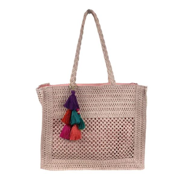 Amplio Bolso de Papel para Mujer con Pompones Decorativos Multicolores y 2 Asas - Imagen 3