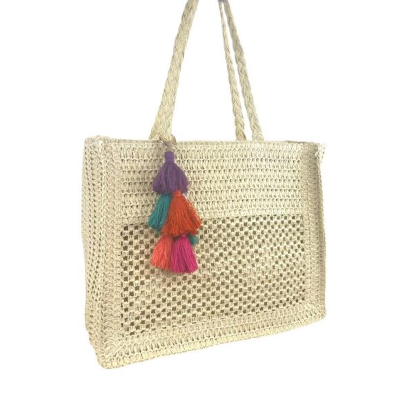 Amplio Bolso de Papel para Mujer con Pompones Decorativos Multicolores y 2 Asas - Imagen 8
