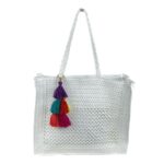 Amplio Bolso de Papel para Mujer con Pompones Decorativos Multicolores y 2 Asas - Imagen 4