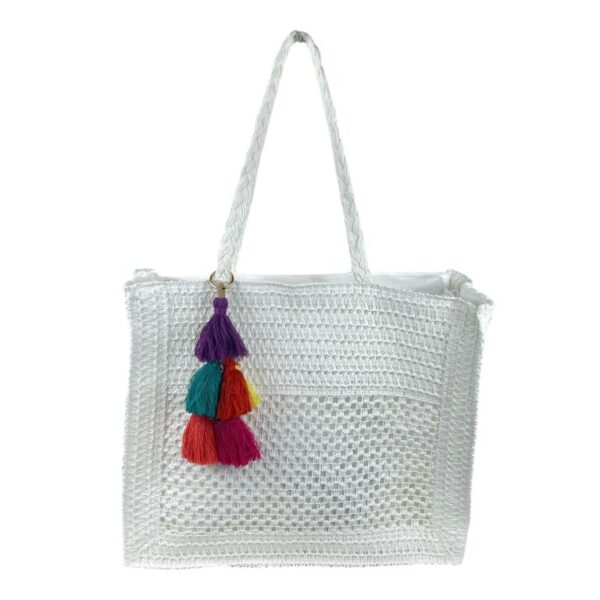 Amplio Bolso de Papel para Mujer con Pompones Decorativos Multicolores y 2 Asas - Imagen 4