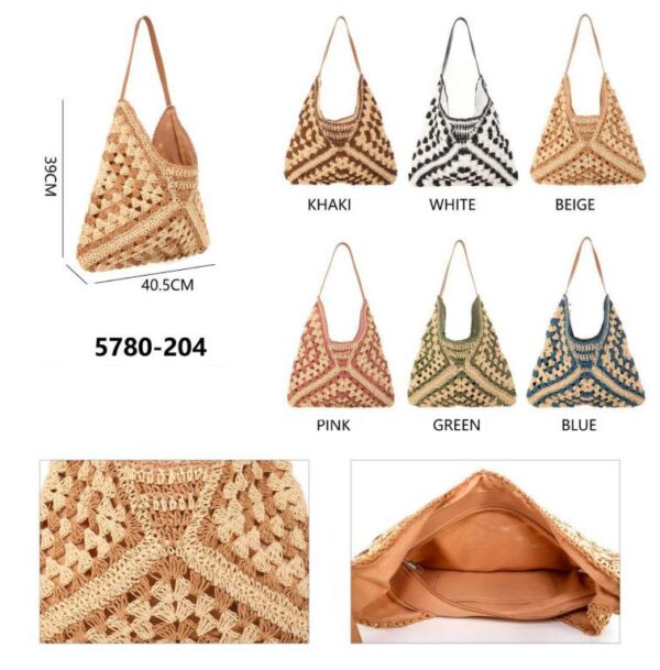 Bolso de Hombro en Ganchillo y Algodón con Cierre de Cremallera y Gran Capacidad para Mujer - Imagen 2