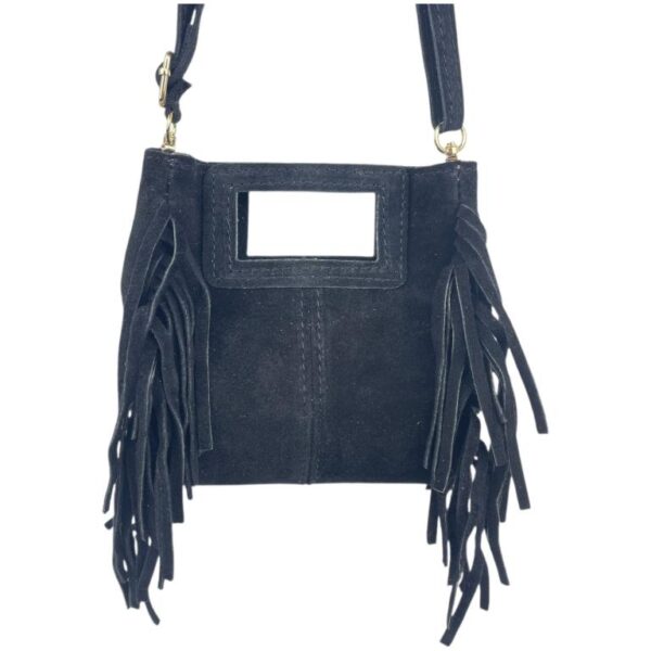 Bolsito de Mano Compacto en Piel de Serraje Italiana con Flecos Laterales para Mujer - Imagen 7