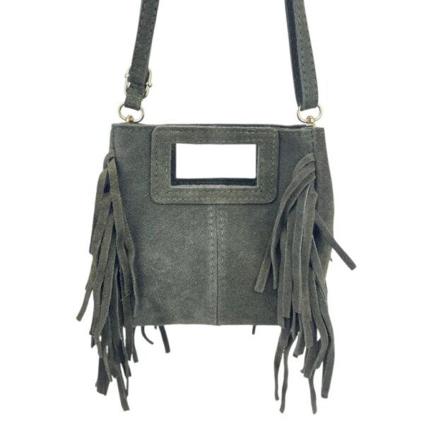 Bolsito de Mano Compacto en Piel de Serraje Italiana con Flecos Laterales para Mujer - Imagen 8