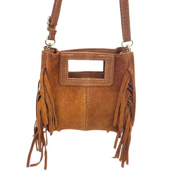 Bolsito de Mano Compacto en Piel de Serraje Italiana con Flecos Laterales para Mujer - Imagen 9