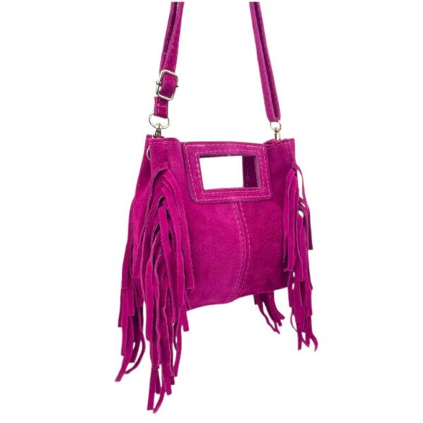 Bolsito de Mano Compacto en Piel de Serraje Italiana con Flecos Laterales para Mujer - Imagen 13