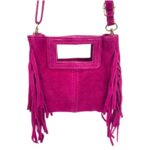 Bolsito de Mano Compacto en Piel de Serraje Italiana con Flecos Laterales para Mujer - Imagen 11