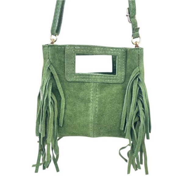 Bolsito de Mano Compacto en Piel de Serraje Italiana con Flecos Laterales para Mujer - Imagen 3