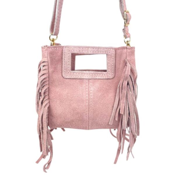 Bolsito de Mano Compacto en Piel de Serraje Italiana con Flecos Laterales para Mujer - Imagen 2