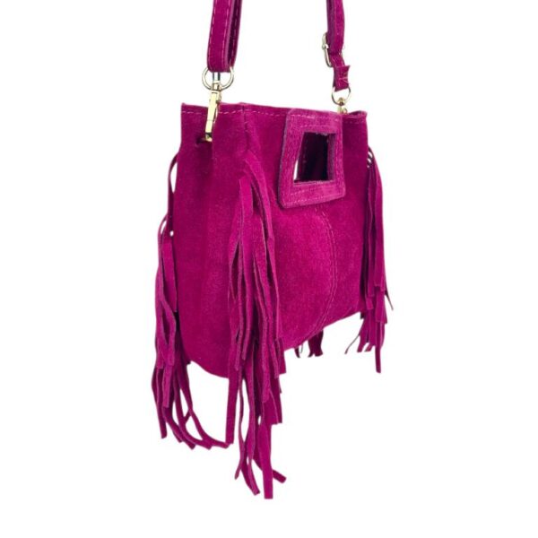 Bolsito de Mano Compacto en Piel de Serraje Italiana con Flecos Laterales para Mujer - Imagen 14