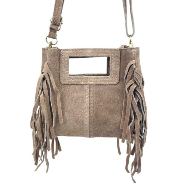 Bolsito de Mano Compacto en Piel de Serraje Italiana con Flecos Laterales para Mujer - Imagen 4