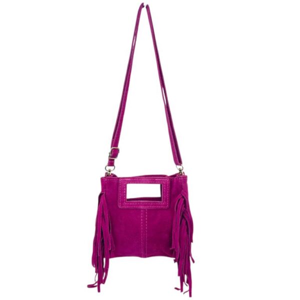 Bolsito de Mano Compacto en Piel de Serraje Italiana con Flecos Laterales para Mujer - Imagen 12