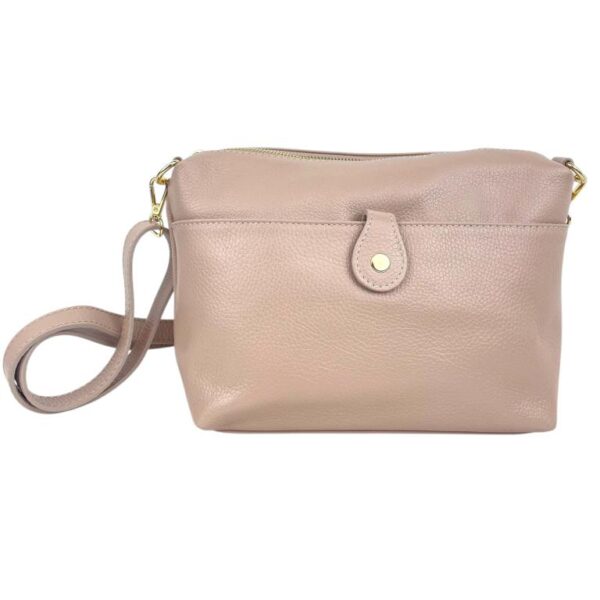 Bolso Bandolera en Piel Italiana con Bolsillo Frontal Bajo Mini Solapa de Botón y Cierre de Cremallera Mujer-Nude- Mayorista España