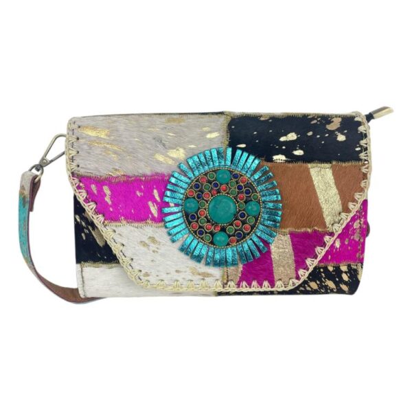 Bolso Bandolera Tipo Sobre en Piel Artesanal Estilo Patchwork Hippie Mujer con Diseño Exclusivo - Imagen 4