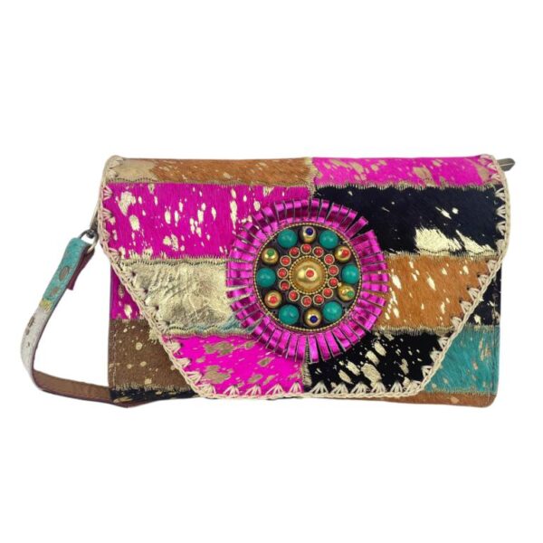 Bolso Bandolera Tipo Sobre en Piel Artesanal Estilo Patchwork Hippie Mujer con Diseño Exclusivo - Imagen 3