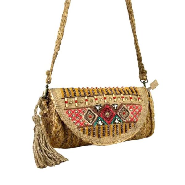 Bolso Bandolera de Yute con Bordados, Diseño Exclusivo y Gran Calidad para Mujer-Front- Mayorista España