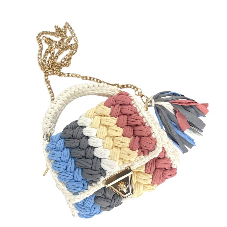 CG5750-213-W Bolso de Mano en Algodón y Ganchillo para Mujer con Flecos Decorativos, Asa Corta y Asa Larga-Blanco- Mayorista España
