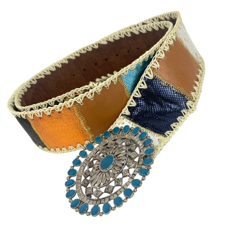 CG58012-7 Bonito Cinturón Único en Piel Artesanal Estilo Patchwork Hippie Mujer con Diseño Exclusivo - Imagen 1
