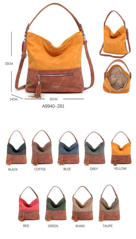 Amplio Bolso de Hombro Sintético Bicolor Tipo Hobo de Mujer con Bolsillos Exteriores y Cremallera