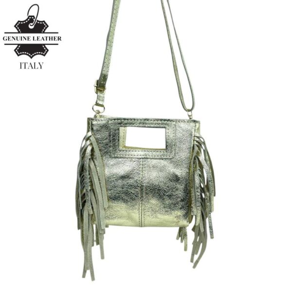 Bolso de Mano Metalizado y Compacto en Piel Italiana con Flecos Decorativos para Mujer - Imagen 2