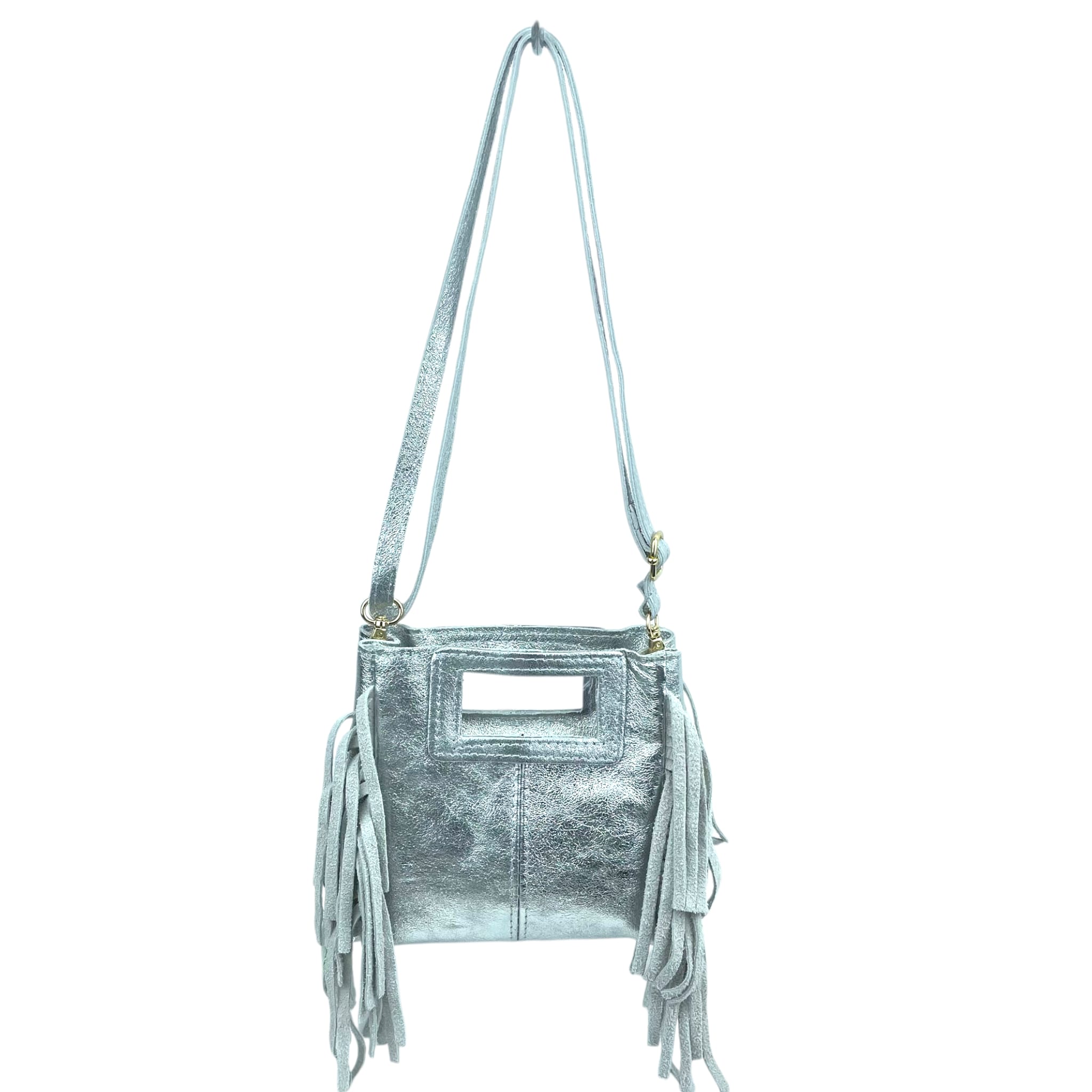 CG58027-S Bolso de Mano Metalizado y Compacto en Piel Italiana con Flecos Decorativos para Mujer - Imagen 1