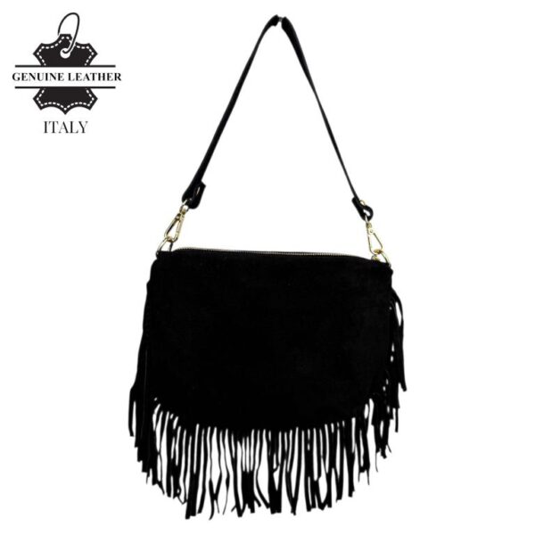 Bolso Bandolera de Antelina Italiana con Flecos Decorativos, Bolsillo Trasero y Asa Corta para Mujer - Imagen 3