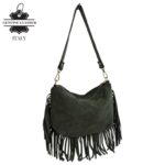Bolso Bandolera de Antelina Italiana con Flecos Decorativos, Bolsillo Trasero y Asa Corta para Mujer - Imagen 11