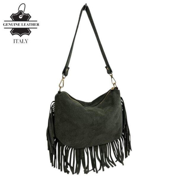 Bolso Bandolera de Antelina Italiana con Flecos Decorativos, Bolsillo Trasero y Asa Corta para Mujer - Imagen 11
