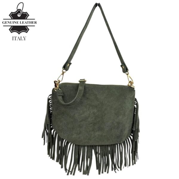 Bolso Bandolera de Antelina Italiana con Flecos Decorativos, Bolsillo Trasero y Asa Corta para Mujer - Imagen 9