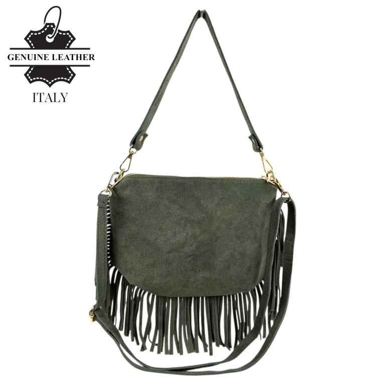 CG58035-OliveGreen-Tira Bolso Bandolera de Antelina Italiana con Flecos Decorativos, Bolsillo Trasero y Asa Corta para Mujer - Imagen 1