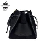 Bolso Bucket en Piel de Serraje con Compartimento Frontal y Cierre de Cuerdas para Mujer-Negro- Mayorista España