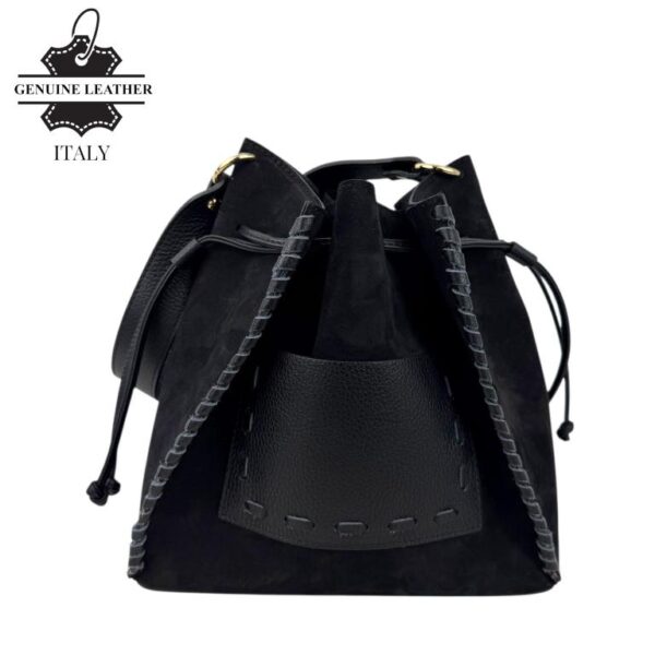 Bolso Bucket en Piel de Serraje con Compartimento Frontal y Cierre de Cuerdas para Mujer-Negro- Mayorista España