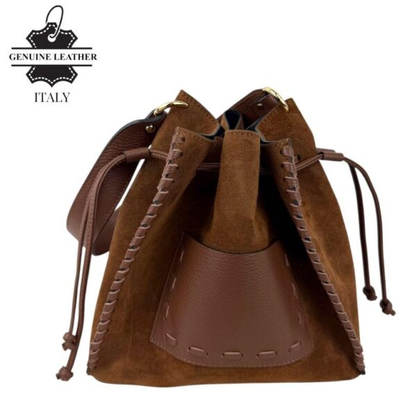 Bolso Bucket en Piel de Serraje con Compartimento Frontal y Cierre de Cuerdas para Mujer-Marrón- Mayorista España
