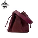 Bolso Bucket en Piel de Serraje con Compartimento Frontal y Cierre de Cuerdas para Mujer-Back- Mayorista España