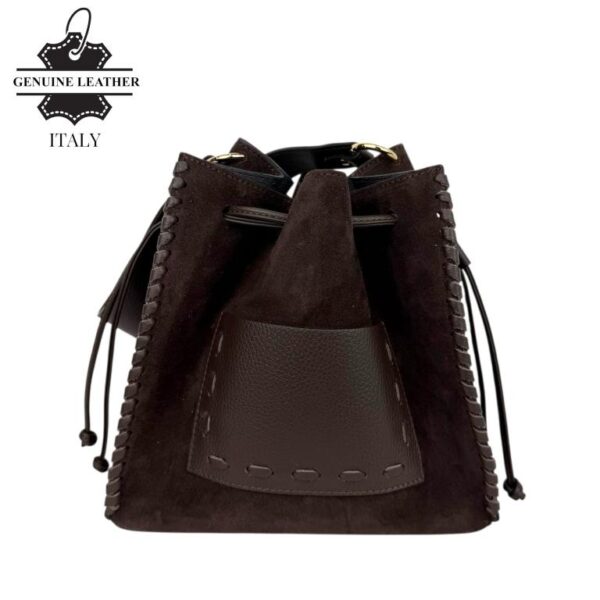 Bolso Bucket en Piel de Serraje con Compartimento Frontal y Cierre de Cuerdas para Mujer-Café- Mayorista España