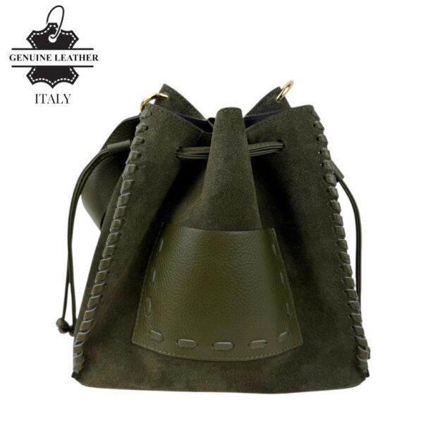 Bolso Bucket en Piel de Serraje con Compartimento Frontal y Cierre de Cuerdas para Mujer-VerdeOlivo- Mayorista España