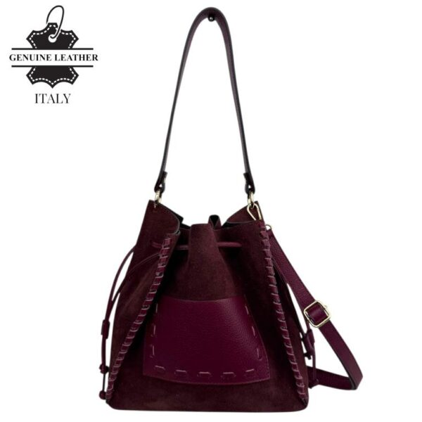 Bolso Bucket en Piel de Serraje con Compartimento Frontal y Cierre de Cuerdas para Mujer-Vino- Mayorista España