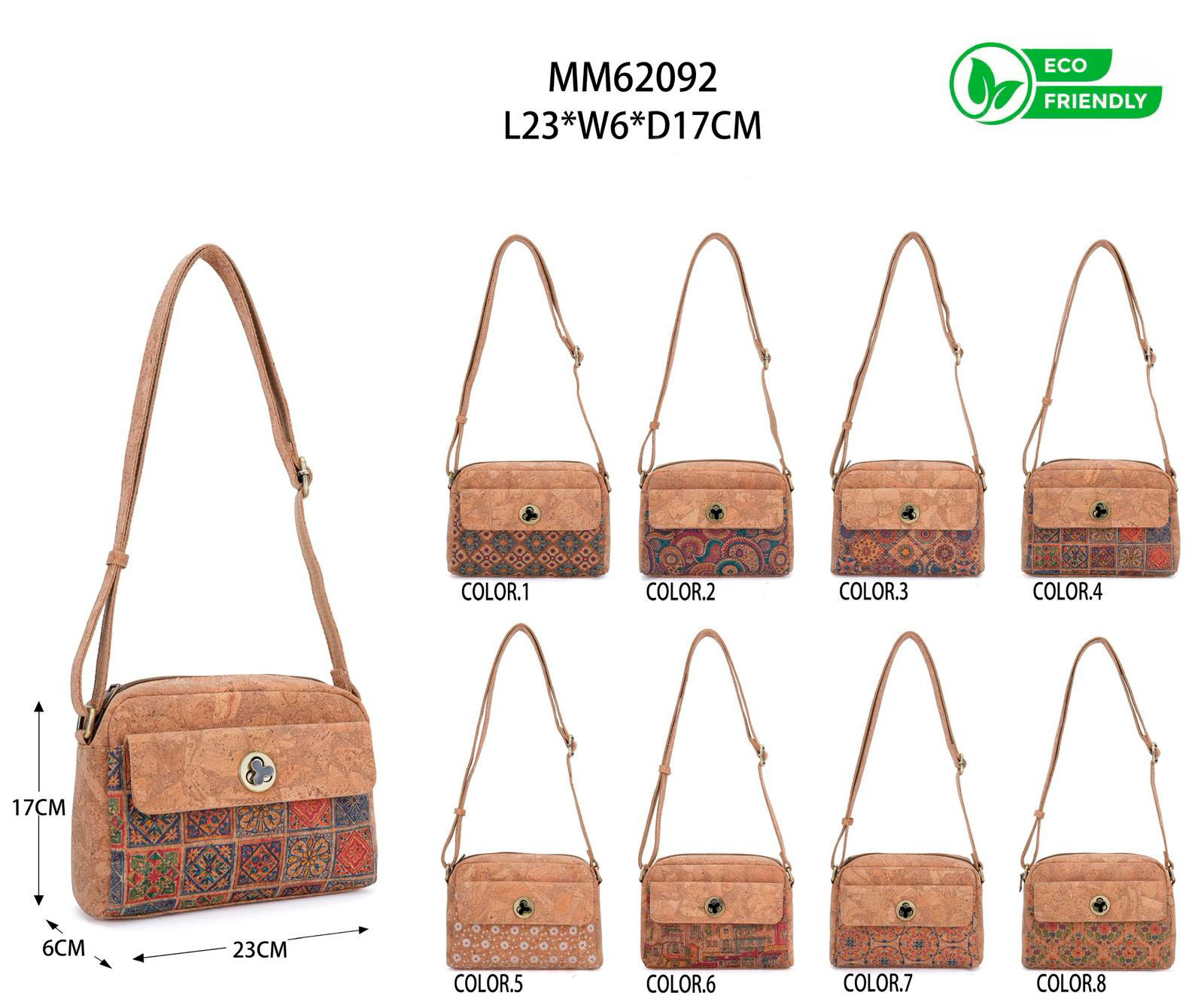 CGMM62092-All Bolso Bandolera Ecológico en Corcho para Mujer con Solapa Frontal y Cierre de Cremallera - Imagen 1