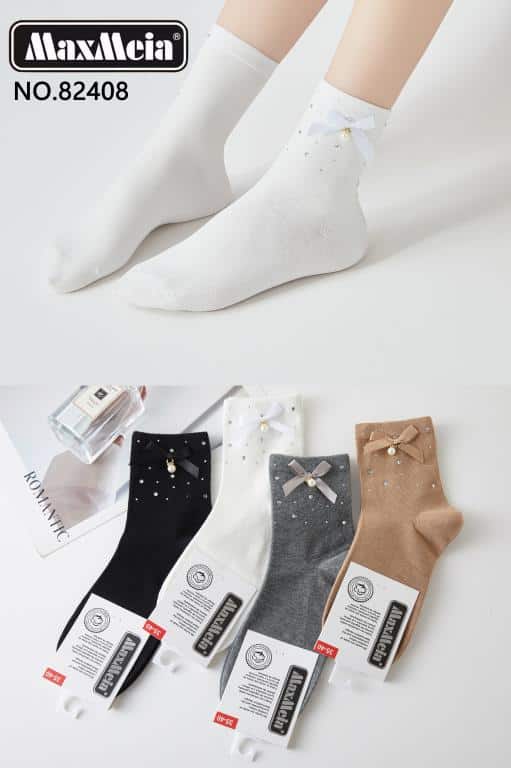 CGMX82408-All Calcetines Cortos de Algodón para Mujer en Talla Única con Diseño Lazo Decorativo - Imagen 1