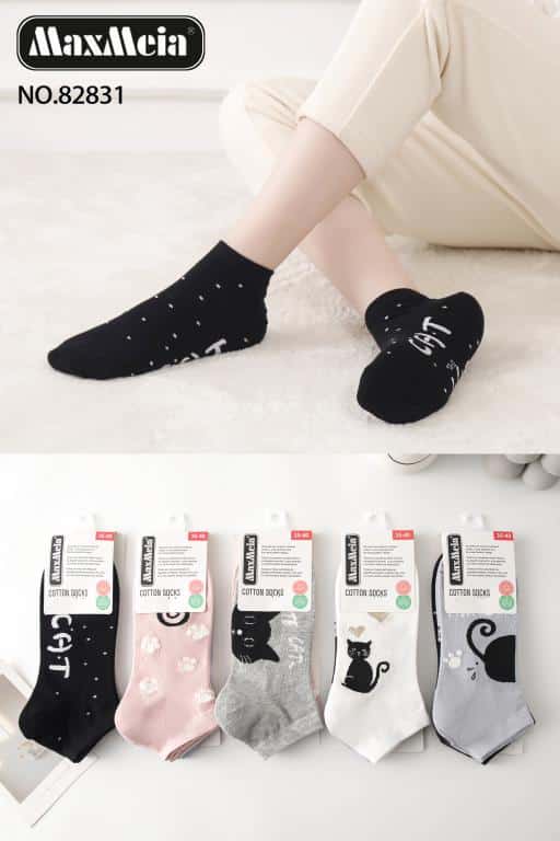 CGMX82831-All Calcetines Cortos de Algodón Peinado para Mujer con Precioso Diseño de Gatos y Colores Lisos - Imagen 1