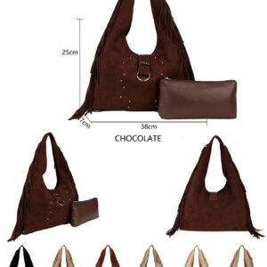 Bolso de Hombro Hobo Sintético Estilo Serraje con Tachuelas Frontales, Flecos y Neceser Extra para Mujer