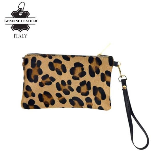 Cartera en Piel Italiana con Pelito, Diseño Animal Print, Cremallera y Asa Corta Extraíble para Mujer-Leopardo- Mayorista España